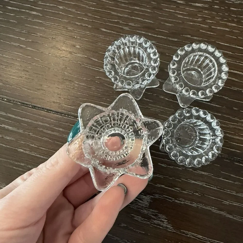 Vintage Glass Star Ribbed Taper Candle Holders Set Of 4